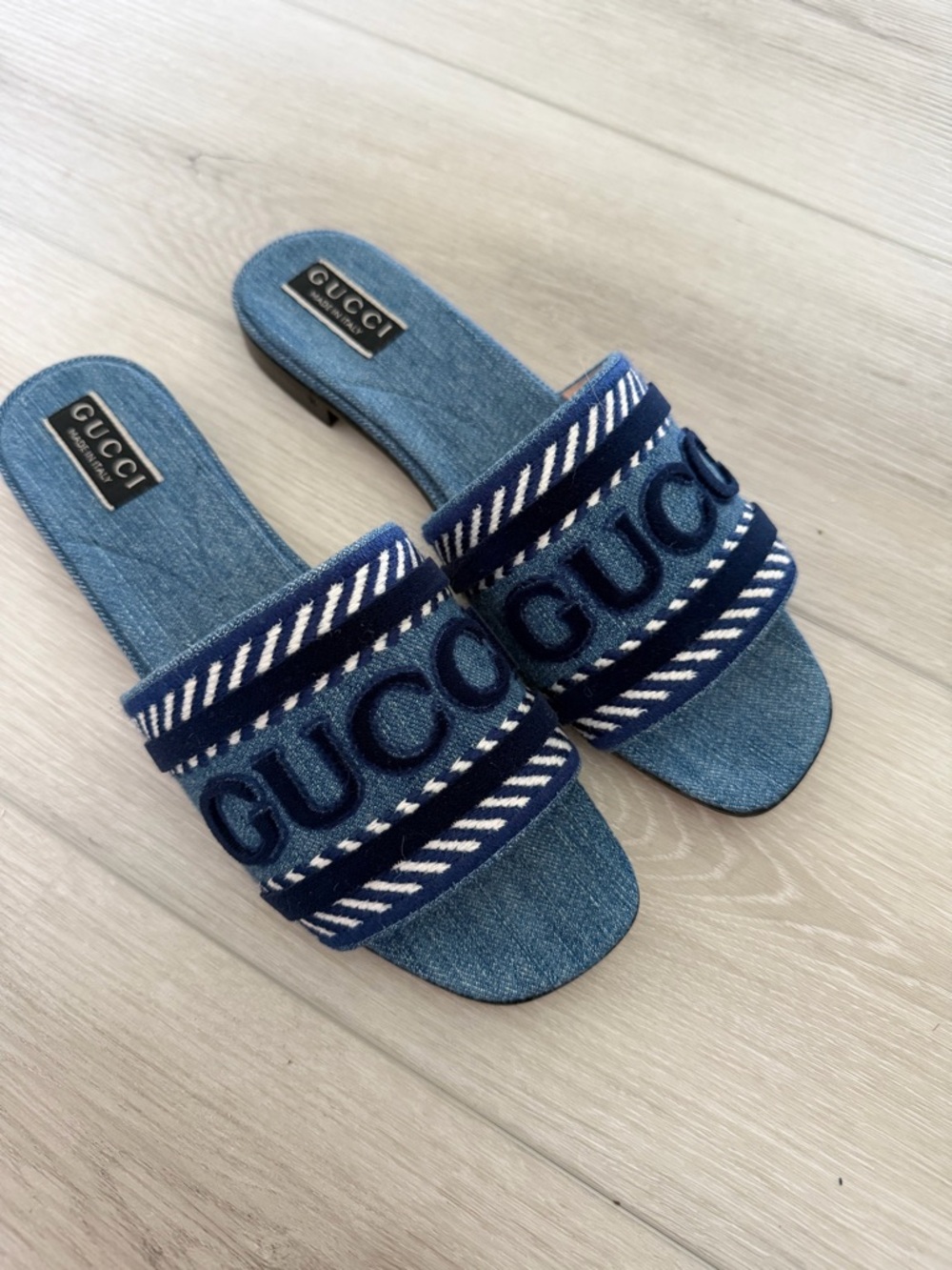 Gucci Denim Jane Logo Sandal with Retail Labels